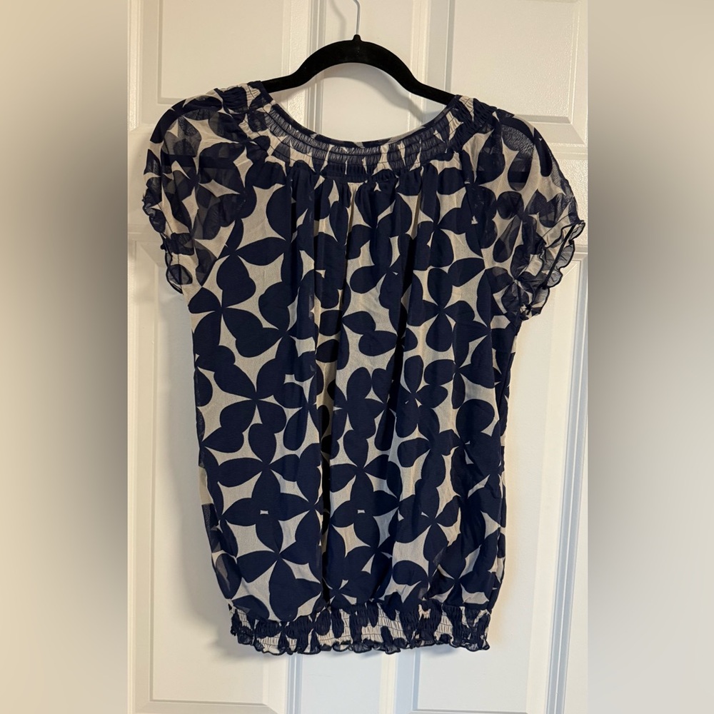 Babydoll Top INC Sz M Navy Ruffle Blouse Vintage Y2K Office Short‎ Sleeve Scoop - Picture 2 of 6